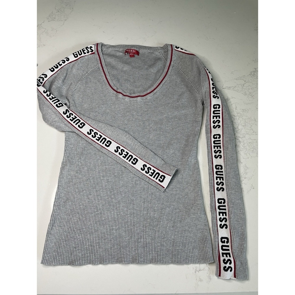 Guess Womens Gray Ribbed Knit Long Sleeve Scoop Neck Logo Tape Top Size L